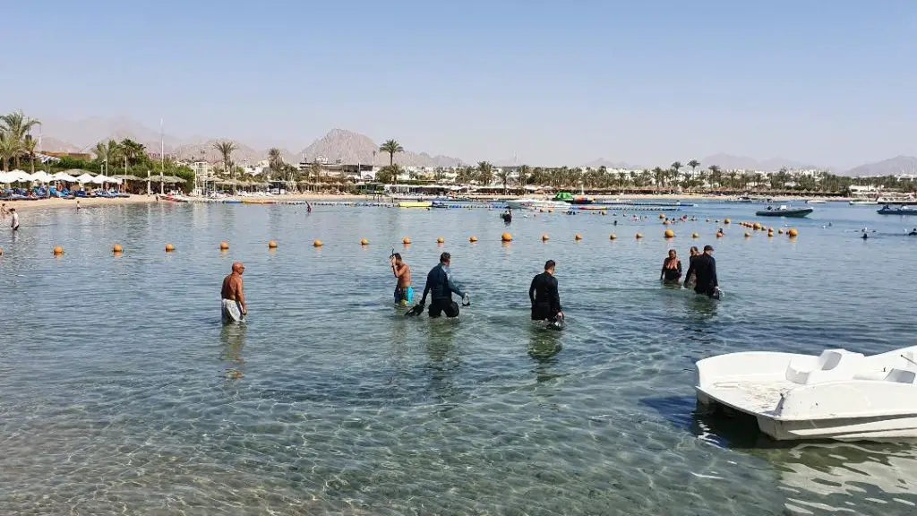 Naama Bay clam water looking back onto beach from the water. What to do in Sharm El Sheikh