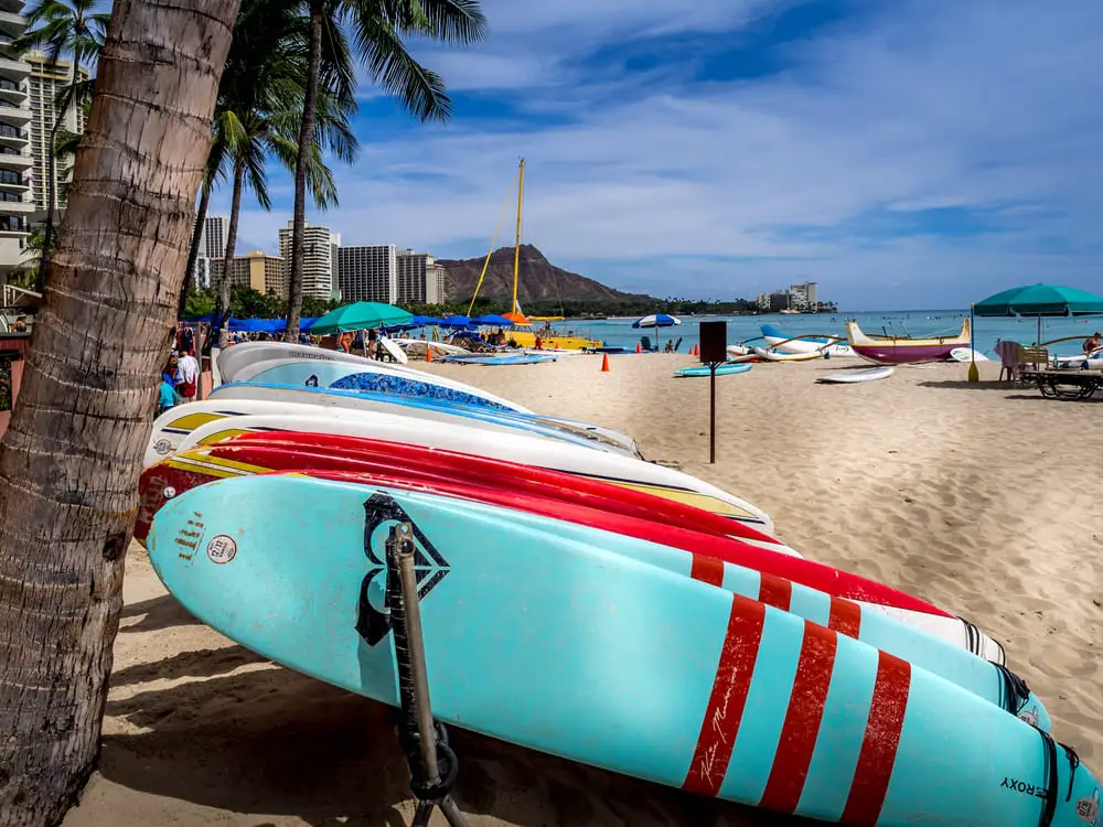 Hawaii on a budget - surfboards on Waikiki beach