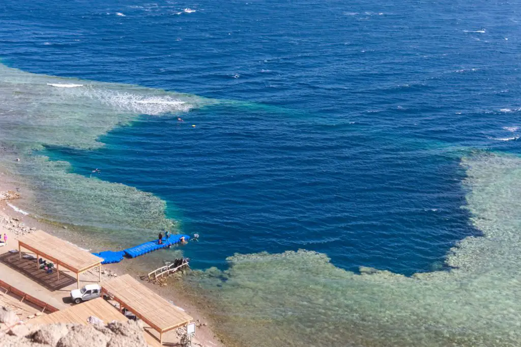 a view of the Blue Hole in Egypt shows the reef straight off shore and a circular opening of water.