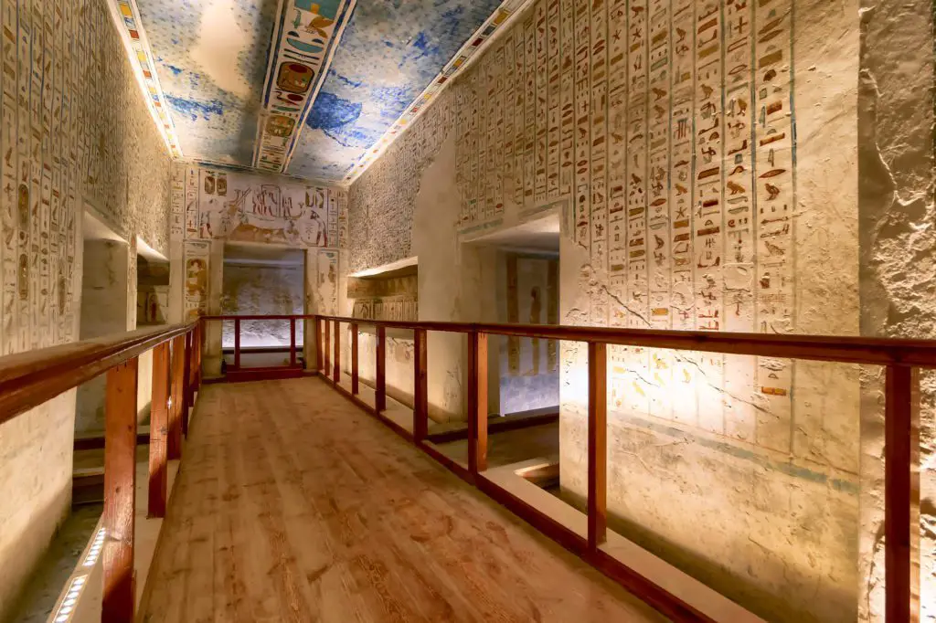Inside a temple shows hieroglyphics on the walls and roof. Egypt experiences