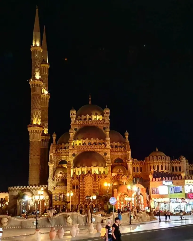 A mosque lit up at night in Sharm El Sheikh.