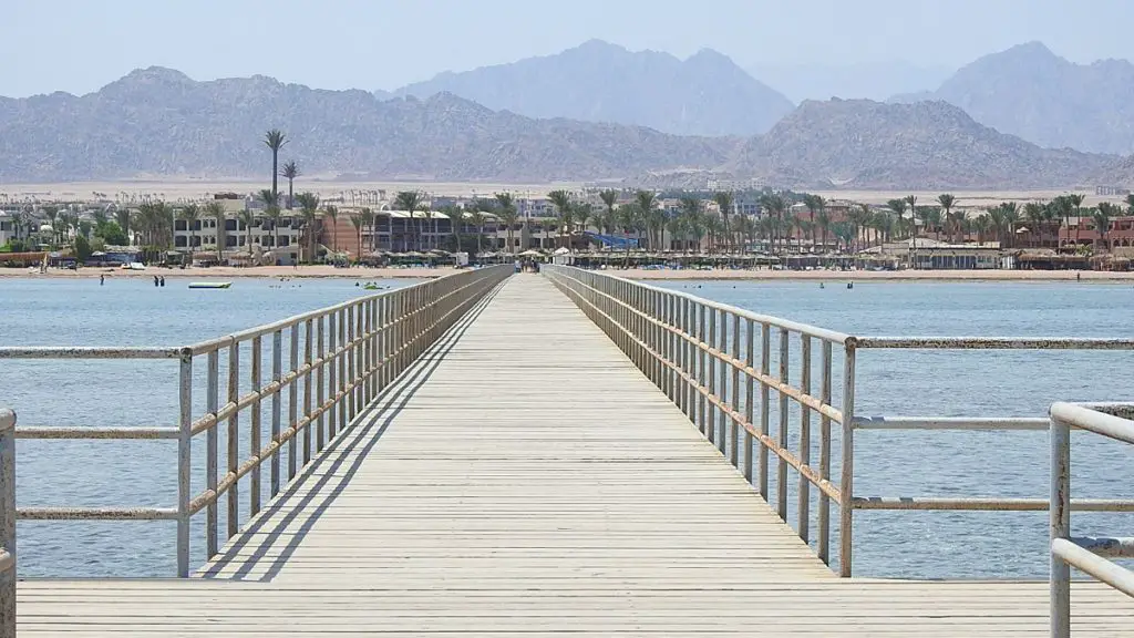 Long pier at Nabq looking back onto  hotel in the distance. What to do in Sharm El Sheikh