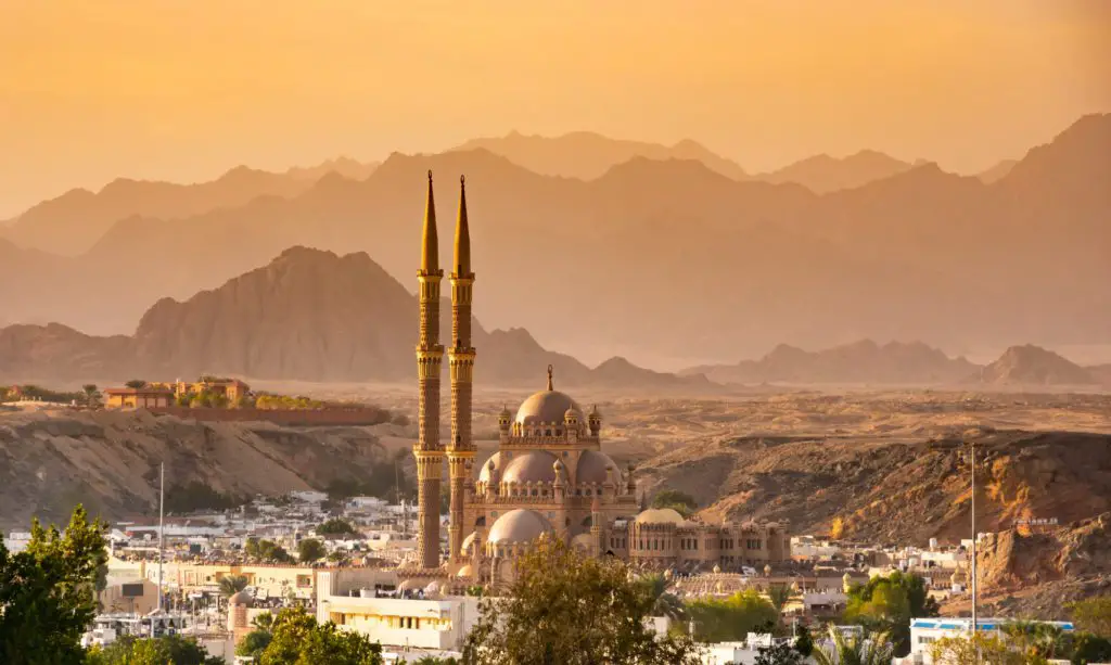 Sharm El Sheikh at sunset looking over the city toward the mountains, 