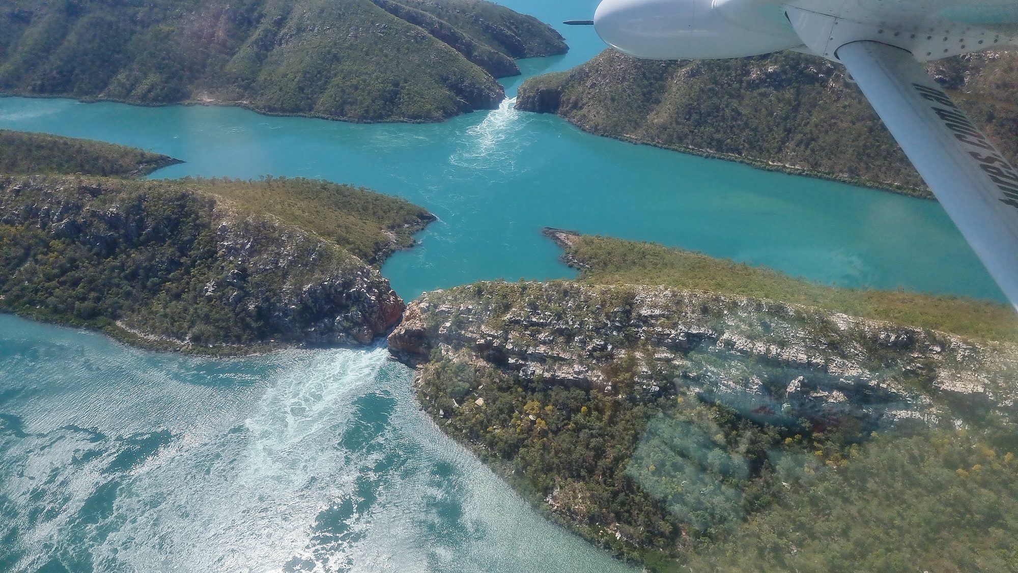 Broome horizontal Falls Day trip- loooking dwon at the fallls showing water rushing through the gorges