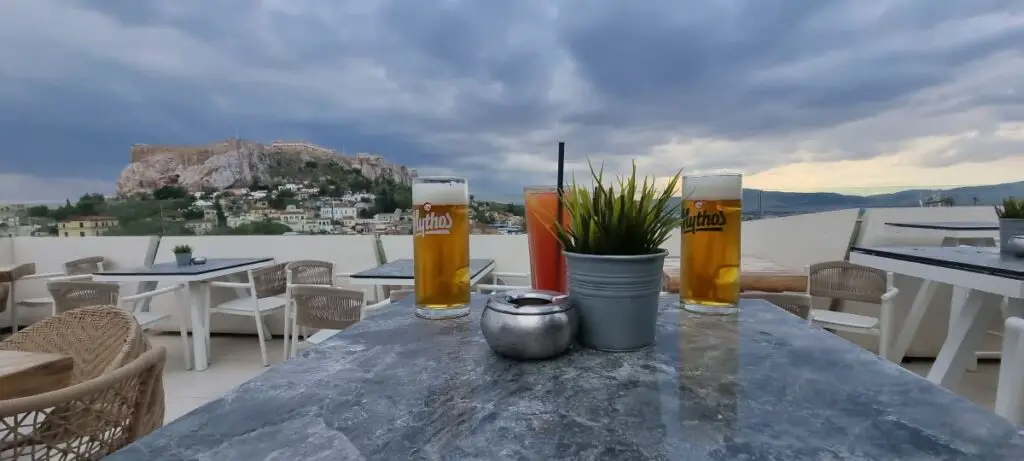 roof top bar at Athens Central hotel looking out toward the Acropolis