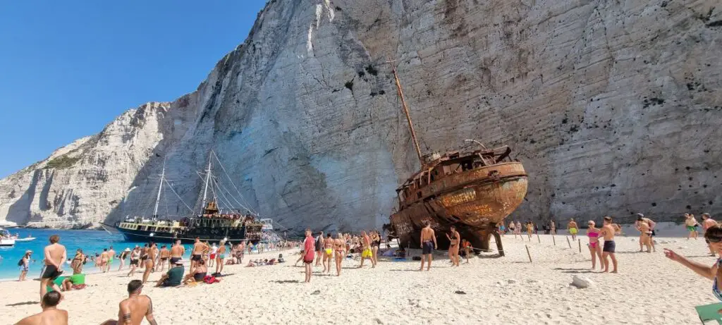Shipwreck Beach Zakynthos shows the remina of the wrech washed up on shore