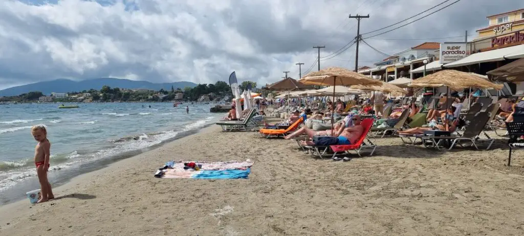 a bust beach with rows of beach lounges at Zakynthos Island on our Greece road trip