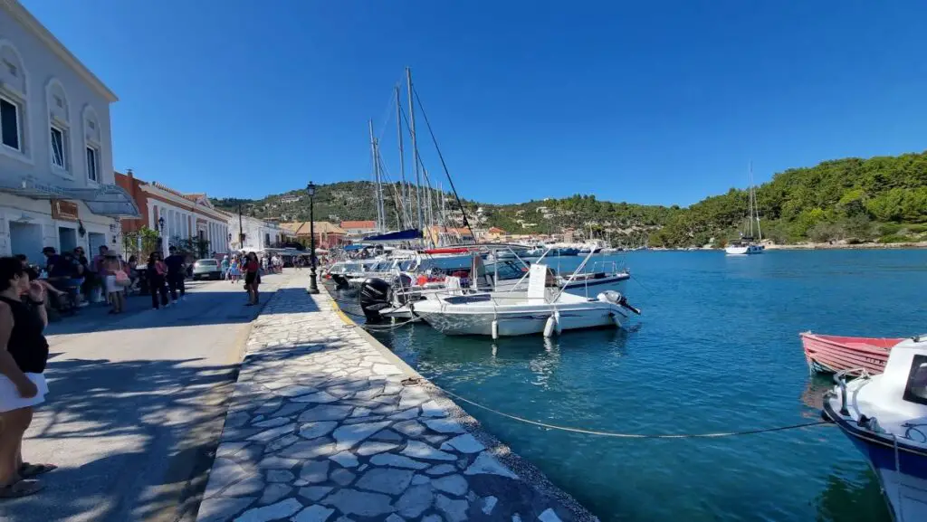 boats along the harbor at Paxos